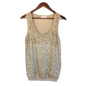 CALVIN KLEIN Gold Sequin Tank Top Sleeveless Blouse Silk Blend Metallic Small‎